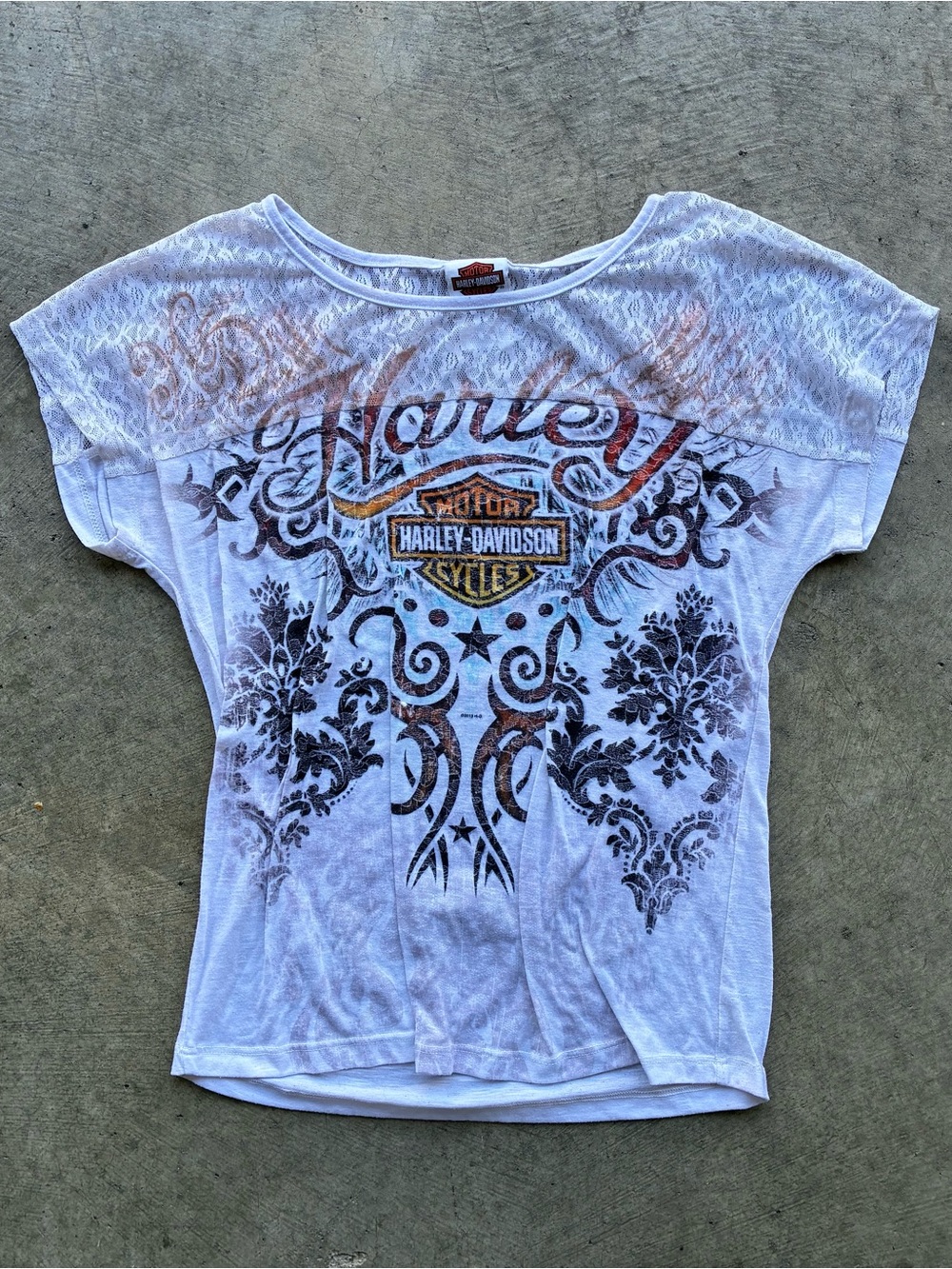 Harley-Davidson White Tee with Black and Orange Graphic